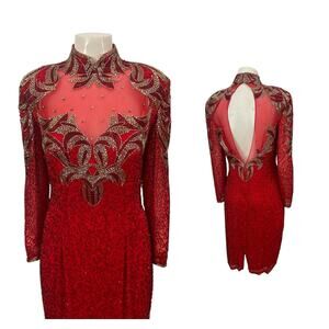 Vintage Lillie Rubin Red Sequin Silk Dress Beaded Gown Open Back / Size 10 -